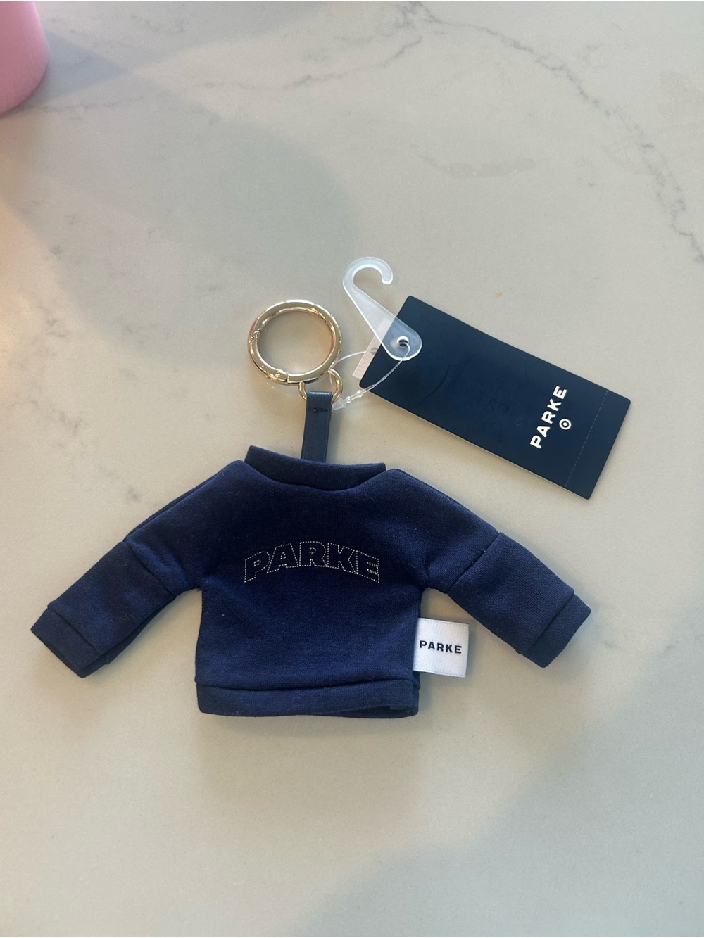 PARKE Navy Mini Sweatshirt Keychain with Gold Ring